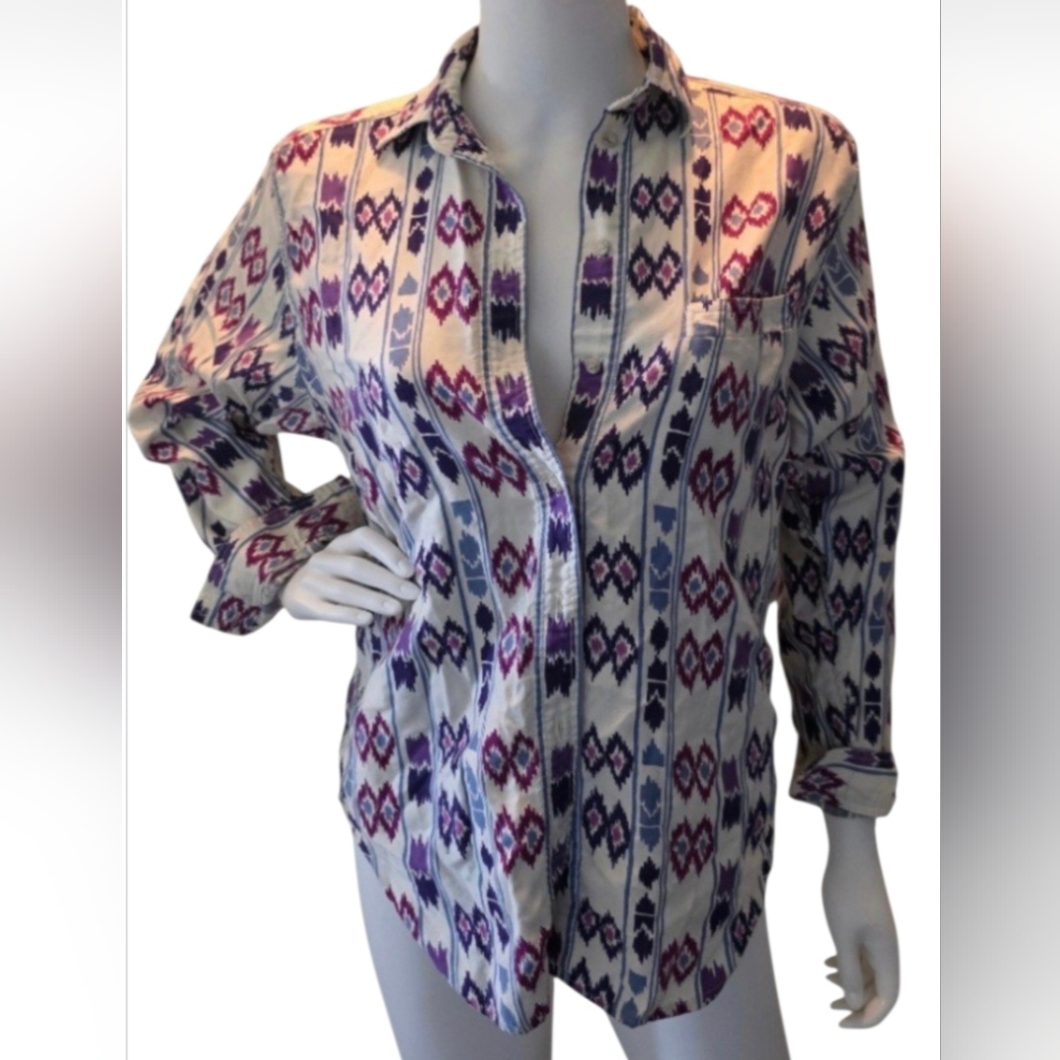 Vintage Lizsport Cotton Button-Down Shirt With Purple Geometric Print
